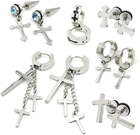 FANCER 12-PCS Cross Dangle 316L Hinged Hoop Tragus Cartilage Spike Taper Ear Stud Biker Gothic Punk Earrings