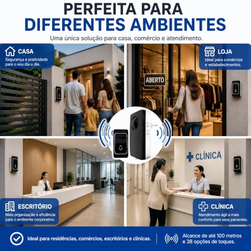 Campainha Sem Fio Bivolt à Prova d’Água Premium | 38 Toques | Alcance até 100m | Uso Residencial, Comercial ou Emergencial – Preto