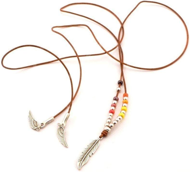 layering leather necklace with feather pendant