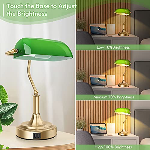 Bankers Lamp with 2 USB Ports, Touch Control Green Glass Desk Lamp with