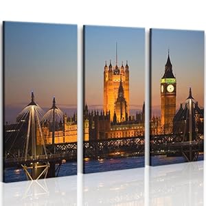 Tableau sur Toile avec cadre en bois en 3 parties avec vue sur les maisons du parlement et le Big Ben