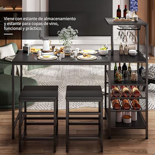 SIMPLE ESPACIO Barra de Cocina,Desayunador Tiene Seis Capas de Espacio de Almacenamiento,Mesa de Bar,Comedor Viene con Dos Sillas,con Estante para Copas Vino,Adecuado para Cocina y Bar(Negro)
