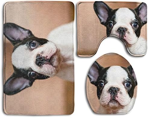 CNJELLAW Soft Comfortable Household Bathroom 3 Pieces Set French Bulldog Rug + Lid Toilet Cover + Bath Mat Set Non-Slip With Rubber Backing