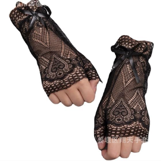 Amazleer Hollow Out Fingerless Lace Gloves for Women, Short Bridal Opera Prom Gloves Tea Party Cosplay 1920s (Black, One Size)