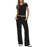 Darong Womens 2 Piece Matching Lounge Sets Summer Short Sleeve Henley Shirts Wide Leg Pants Airport Travel Spring Outfits
