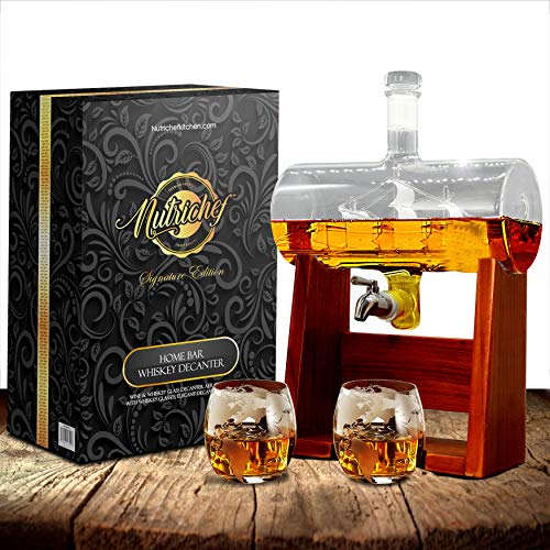 NutriChef Glass Whiskey Decanter with Glasses 1100ml Barrel Whiskey