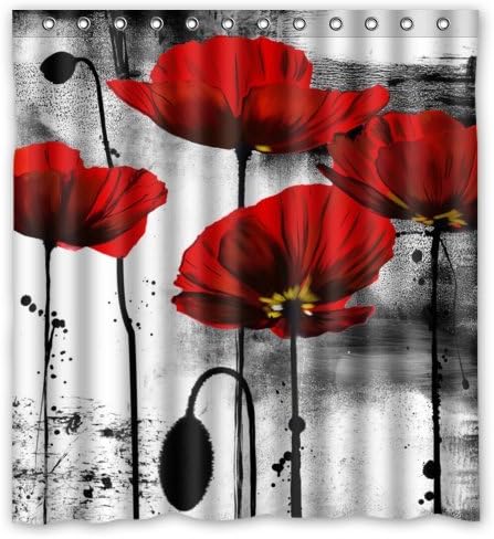 Creative Home Ideas Beautiful Vintage Red Poppy Flower Ink Painting Art Fabric Shower Curtain with Hook 66" x 72"