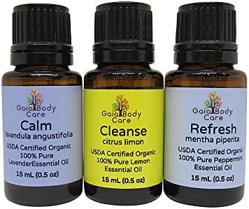 Organic Essential Oils Set - Lemon, Lavender, and Peppermint, 100 % Pure, Undiluted (15 mL bottles) - Gaia Body Care