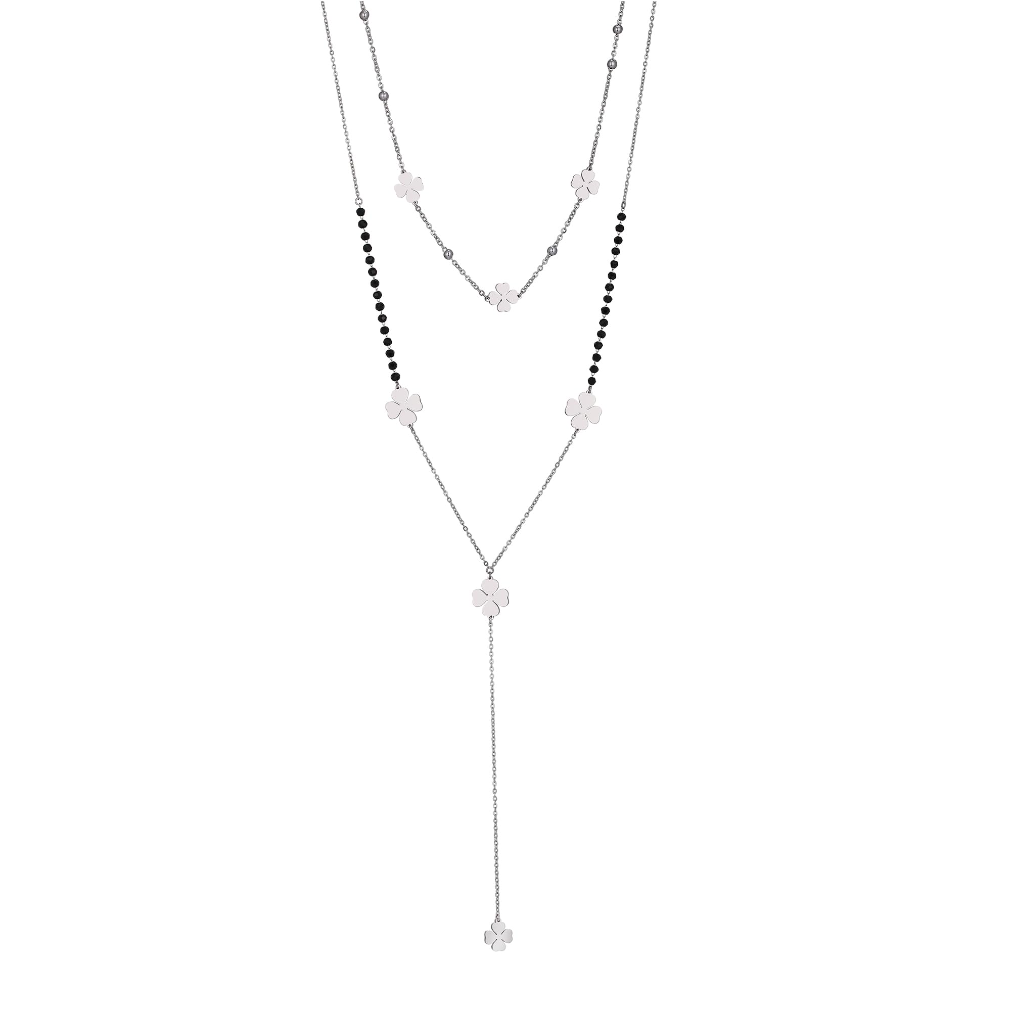 Black Crystal Layered Necklace for Women, Boho Four Leaf Clover Pendant Stainless Steel Necklace Personalized Choker for Best Friend