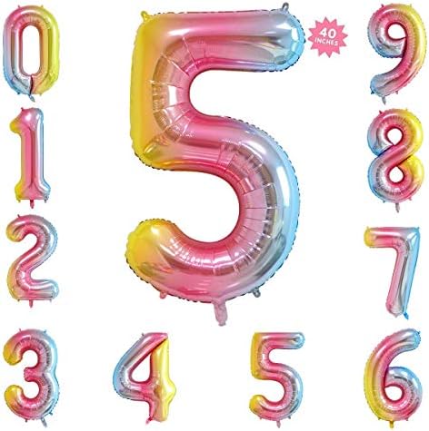 40 Inch Rainbow Jumbo Digital Number Balloons 5 Huge Giant Balloons Foil Mylar Number Balloons for Birthday Party,Wedding, Bridal Shower Engagement Photo Shoot, Anniversary