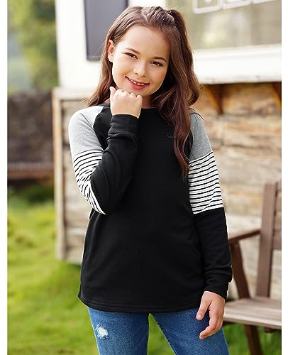 FOENLINTENSO GIRLS TOPS CASUAL LONG SLEEVE SHIRTS STRIPED COLOR BLOCK CREWNECK TUNIC BLOUSES WITH POCKET BLACK-10-11Y-XL