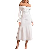 Off Shoulder Long Sleeve Ruched Midi A Line Wedding Guest Dress Elegant Cocktail Party Dress