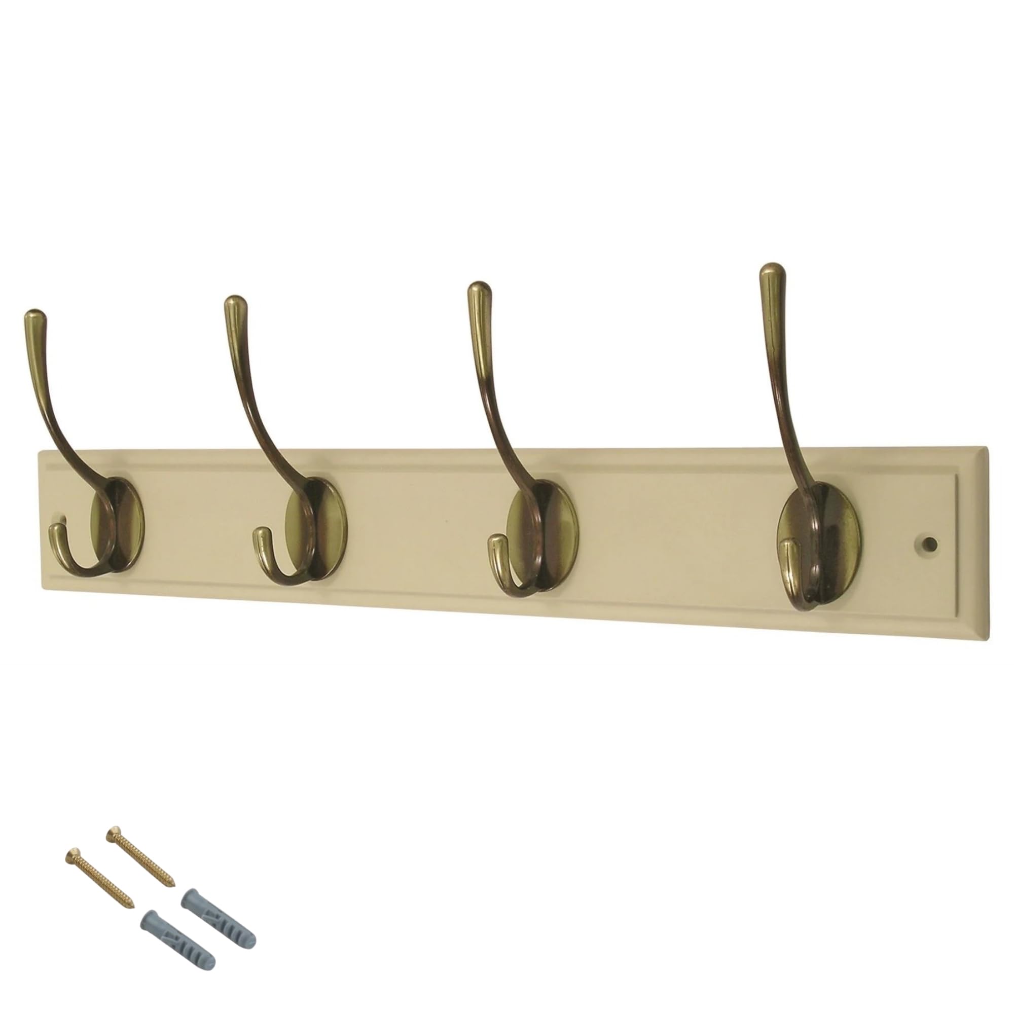 Keypak 4 Hooks Cream Wall Mounted Coat Rack with Victorian Antique Brass Hooks - Heavy Duty Wooden Board for Coats, Hats, Bags, Tools Space Saving Wall Storage Organiser, Fixings Included