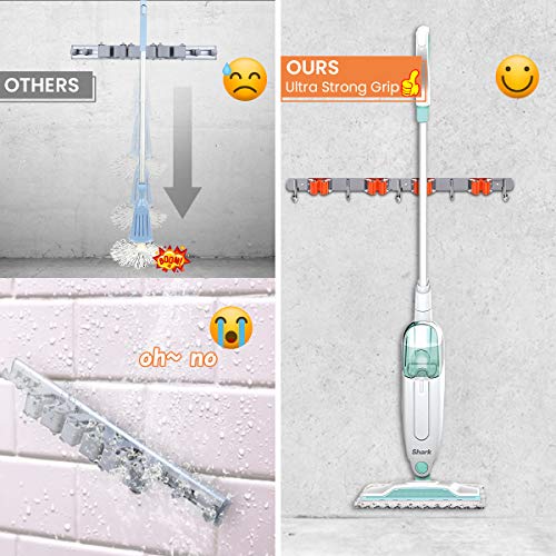 MOHOO Broom Holder Wall Mount Stainless Steel Wall Mounted Storage Organizer Heavy Duty Tools Hanger with 2 Rails 4 Racks 6 Hooks for Bathroom Kitchen Office Closet Garden