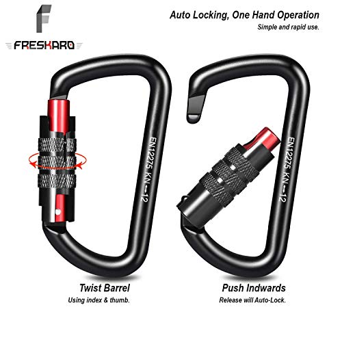 FresKaro 3pcs Locking Carabiner Clips Heavy Duty for Keychain and Camping, Twist Lock and Lightweight, Black