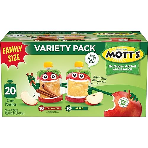 MOTT’S NO SUGAR ADDED APPLESAUCE VARIETY PACK, CINNAMON AND APPLE, MADE FROM REAL FRUIT, NO ARTIFICIAL FLAVORS, 3.2 OZ CLEAR POUCHES, 20 PACK