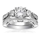Stainless Steel White Round Cut Cubic Zirconia Wedding Ring Set Three-Stone Size 5-10 SPJ