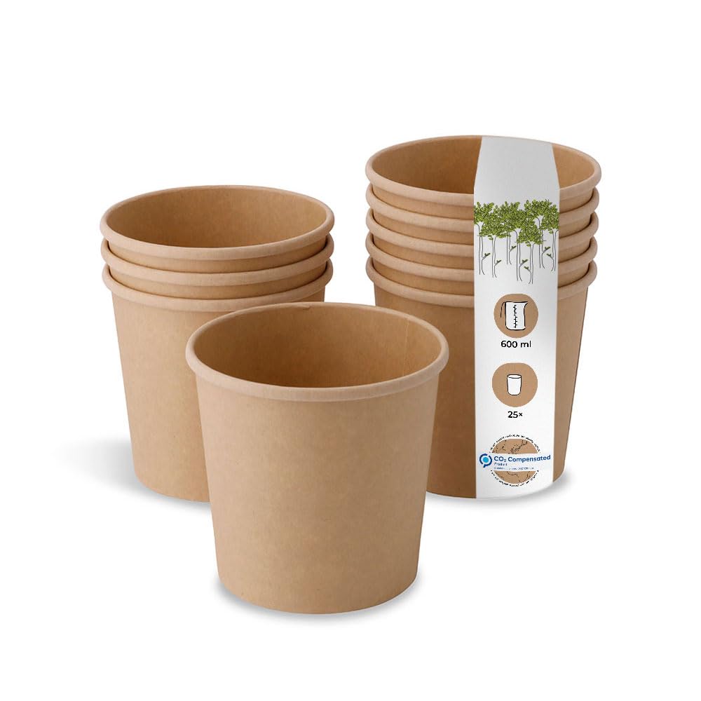 BIOZOYG Organic Food Cups Paper Cups Kraft Cups Brown I Compostable Cup with Water-Based Inner Barrier Soup Cup Take-Away Ice Cream Cups I 25 Disposable Cups Biodegradable 24 oz