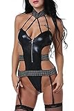 Romede Women Sexy Lingerie Cool Girl Black Leather Clubwear Bodysuit Teddy