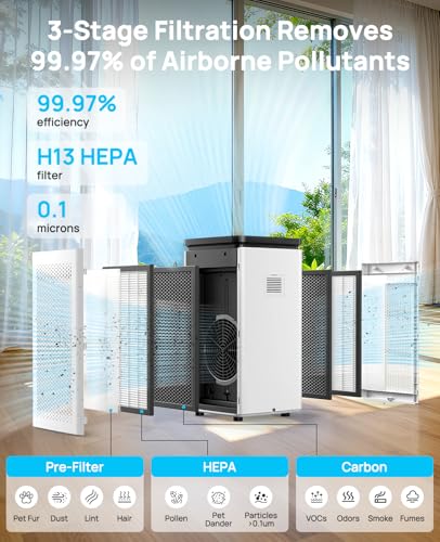 Air Purifiers for Home Large Rooms up to 3500 Ft², H13 True HEPA 0.1 Micron 99.97% Filtration with Carbon Filter, 235 CFM CADR, for Pollen, Pet Odor, Smoke, VOCs, 30dB Sleep Mode, PM2.5 Display