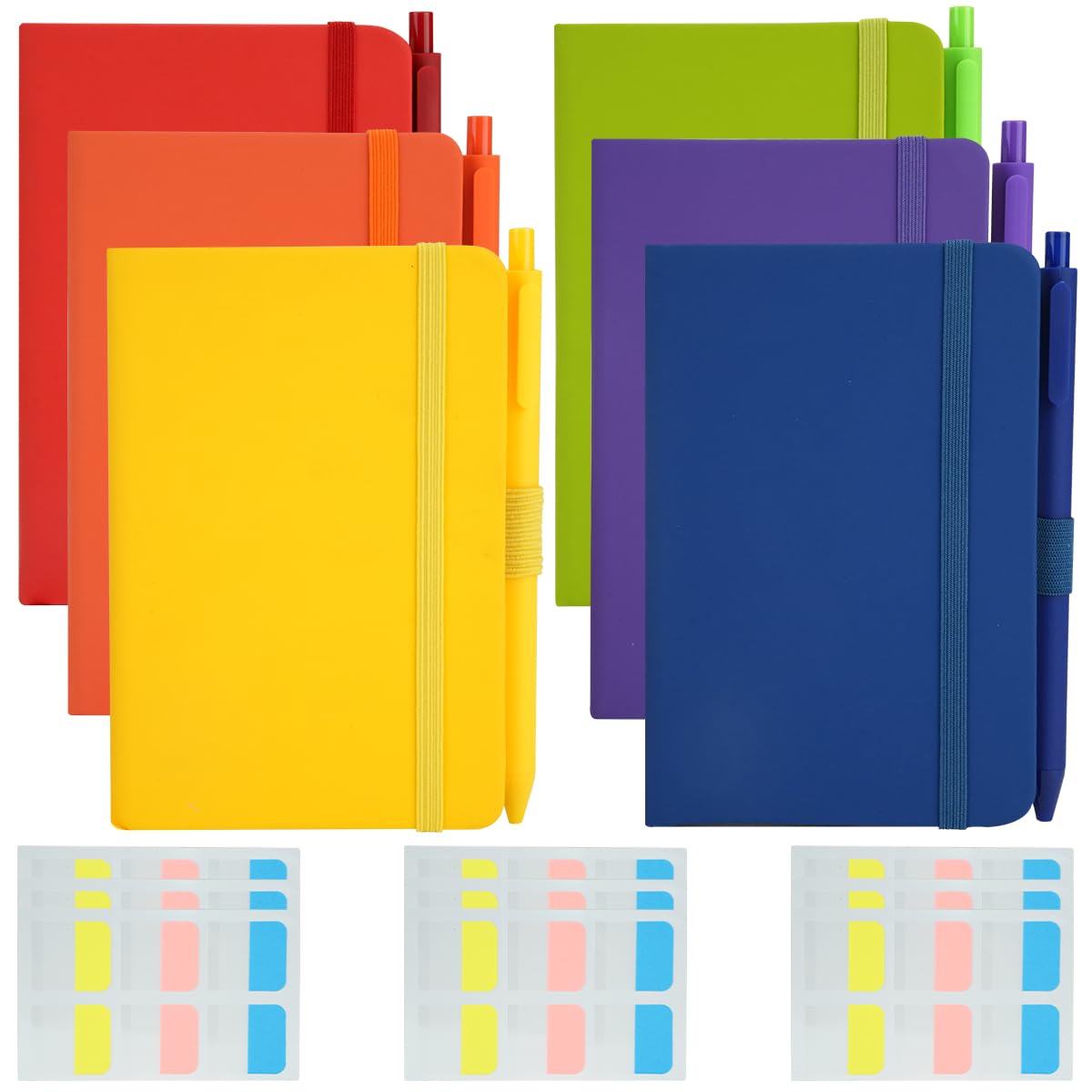 BOJVESH 6Pcs A6 Pocket Notebooks, 160 Pages Mini Journal Notebooks with 6 Pens 10 Index Tabs, Small Hardcover Lined Notepads for Office School (Black, Red, Yellow, Orange, Green, Blue)