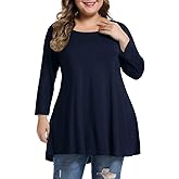 MONNURO Plus Size Tops for Womens 3/4 Sleeve Tunic Tops Casual Loose Fit Swing Fall Winter T Shirts Blouse Basic Shirts
