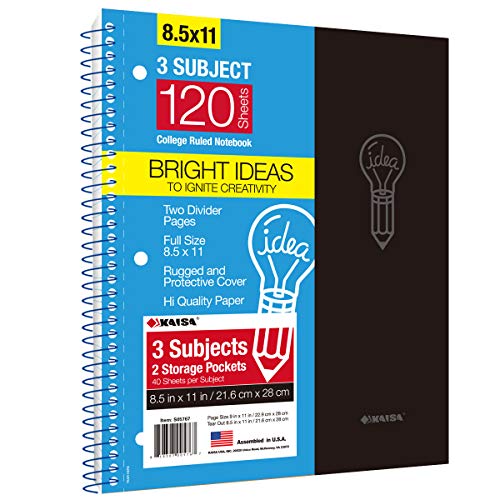 KAISA Spiral Notebook, 3Subject Notebook, 120Sheets, College Ruled 8