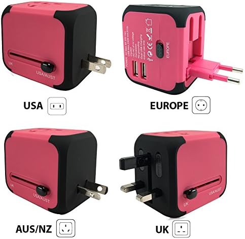 Universal Travel Adapter International Travel Adapter Worldwide Power Adapter with 2.4A Dual USB Charger &amp; Worldwide AC Wall Outlet for Europe, UK, AU, Asia &amp; US (Pink)