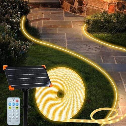 DBFAIRY 15 m Solar LED Strip Outdoor, 540 LED Strip Outdoor, IP68 Waterproof Solar LED Strip with Remote Control Timer, LED Strip for Garden, Patio, Balcony Decoration (Warm White)