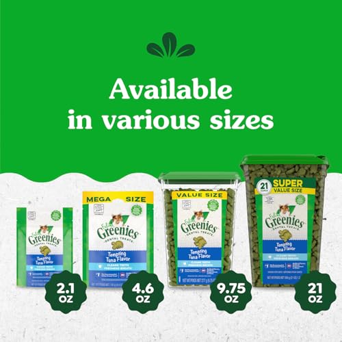 GREENIES CAT TREATS, VETERINARIAN-RECOMMENDED ADULT NATURAL DENTAL CAT TREATS, TEMPTING TUNA FLAVOR, 9.75 OZ. TUB