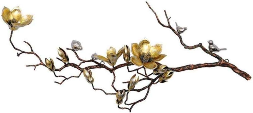 hjbjb Decoration Desktop metal Wall Art Deco Sculpture Golden Magnolia Flower On Brown Branch With 4 Silver Birds 43.3X19.6 Inch