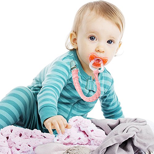 Pacifier Clips, Pack of 4 Teething Ring Holder for Babies, Soft Flexible Holder Leash for Pacifiers, Hand-Made Braided Baby Teething Soothie Band for Girls& Boys