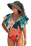 Jescrich Womens Tropical Retro One Piece Swimsuit Deep V Neck Ruffle Shoulder Bathing Suit Bikinis Beach Dress