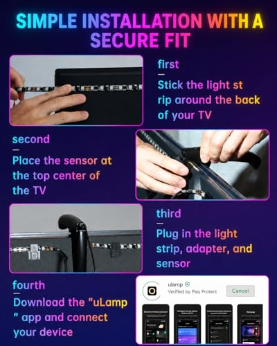 QTU TV LED Backlight with Sensor, LED Sync Lights for TV 55-65 Inch, Smart Camera Sync to Screen, Ambient RGB Strip Lights for Gaming & Home Theater, App Control (14.7ft)
