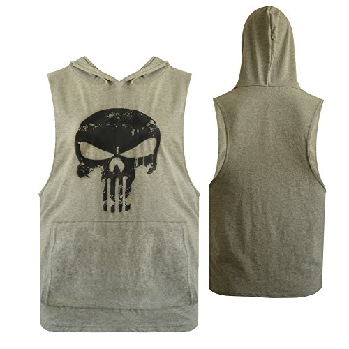 GZXISI Mens Skull Print Stringer Bodybuilding Gym Tank Tops Workout Fitness Vest (X-Large, 2 Pack:Black Hoodie,Gray Hoodie) - Thumbnail 3
