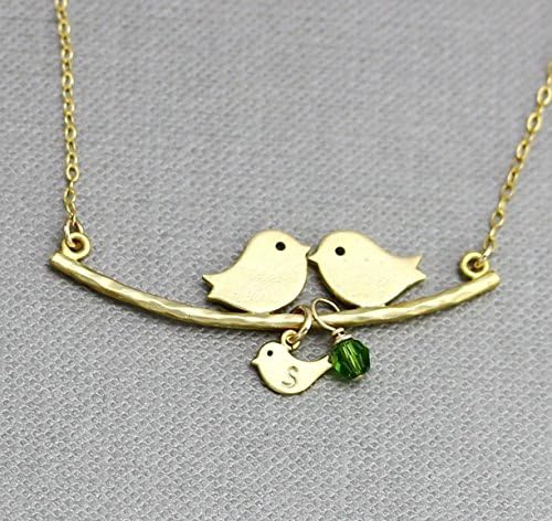Mom Dad and Baby Bird Necklace, Personalized Birthstone Charm Family Necklace, Multiple Child Initial Silver or Gold or Rose Gold Bird Jewelry