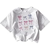 RoseSeek Girl's Graphic Tees Short Sleeve Bow Print Tee Tops Crew Neck Drop Shoulder Casual Summer T Shirts