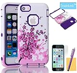 iPhone 5C Case, Tradekmk(TM)Hybrid Three Layers Combo Hard Soft High Impact Hard Back Case Protective Cover Fit For Apple iPhone 5C(Purple+Pink),with Stylus Pen,Screen Protector and Cleaning Cloth