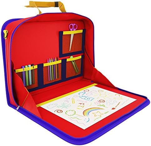 Durable Travel Tray and Backseat Car Organizer for Age 4+. Travel Art Desk. Device Holder for iPad, Tablets. Homework Writing Surface. Car Organizer for Road Trips and Air Travel. (Blue)