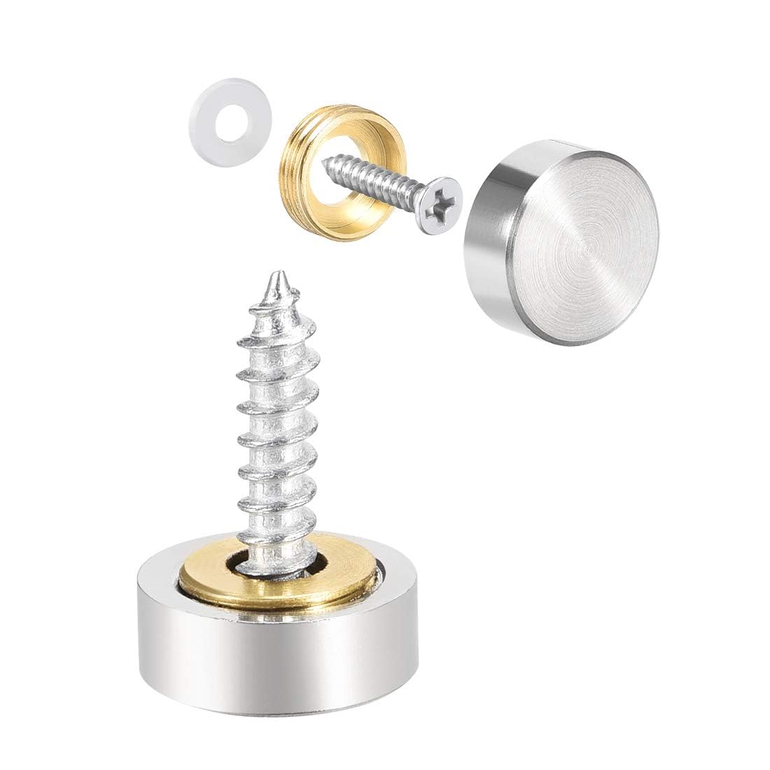 TOP-VIGOR 8Pcs Mirror Screws, 14mm Cap Nail With Washers, Decorative Cap Covers Brushed Nails for Mirrors, Furniture Fittings, Tables, Wardrobes, Glass, Silver