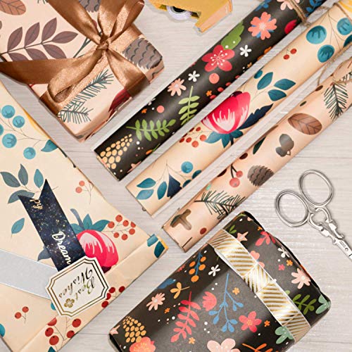 ANZON MORIES Unique Botanic Design Gift Wrapping Paper Ideal for Any Occasion (3 Patterns in 1 Roll of 9 Sheets, 17.5" x 27.5", 3.35 Sq. Ft/Each), Soft Strong 80GSM White Kraft Paper Wrapping Tissue