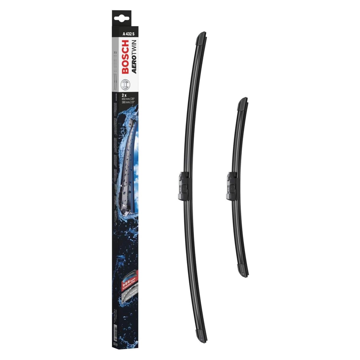Bosch Aerotwin A432S Front-Scheibenwischer - Set mit 2 Ersatz-Scheibenwischern und vormontiertem Adapter - 2 Wischblätter, 650 mm und 380 mm