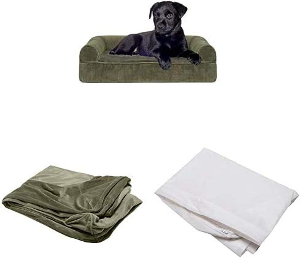 Furhaven Pet Bundle - Small Dark Sage Memory Foam Faux Fur & Velvet Sofa, Extra Dog Bed Cover, & Water-Resistant Mattress Liner for Dogs & Cats : Pet Supplies