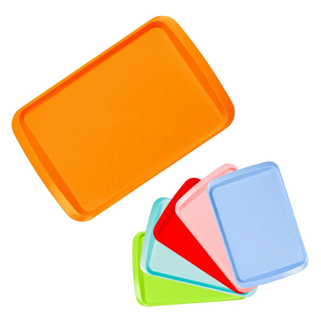 ECO Large Plastic Serving Tray for Tea & Food Serving | Multi-Purpose Dinner Tray for Home & Cafés | Food Trays for Lap | Multi Color Tea Trays for Kids Breakfast in Bed (Orange, Large)