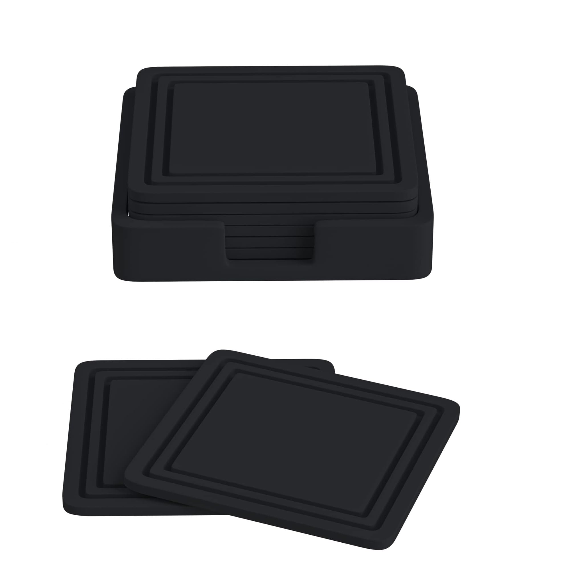 Lamondre Coasters Drink Coasters Set of 6 Non Slip Silicone Pad Mat, Coasters for Drinks Coffee Beer Mats Home and Bar - Square Black