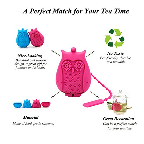 2pcs Silicone Mini Owl Tea Bag,Ezeso Reusable Tea Filter Infuser Strainer for Coffee Herb Punch (Blue + Rose)