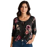 Star Vixen Women's 3/4 Sleeve Peasant Elastic-Hem Keyhole-tie Top, Gray Floral, PM