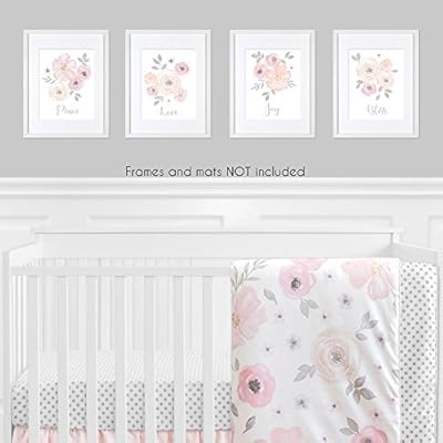 Sweet Jojo Designs Blush Pink, Grey and White Love Peace Joy Bliss Wall Art Prints Room Decor for Baby, Nursery, and Kids for Watercolor Floral Collection - Set of 4