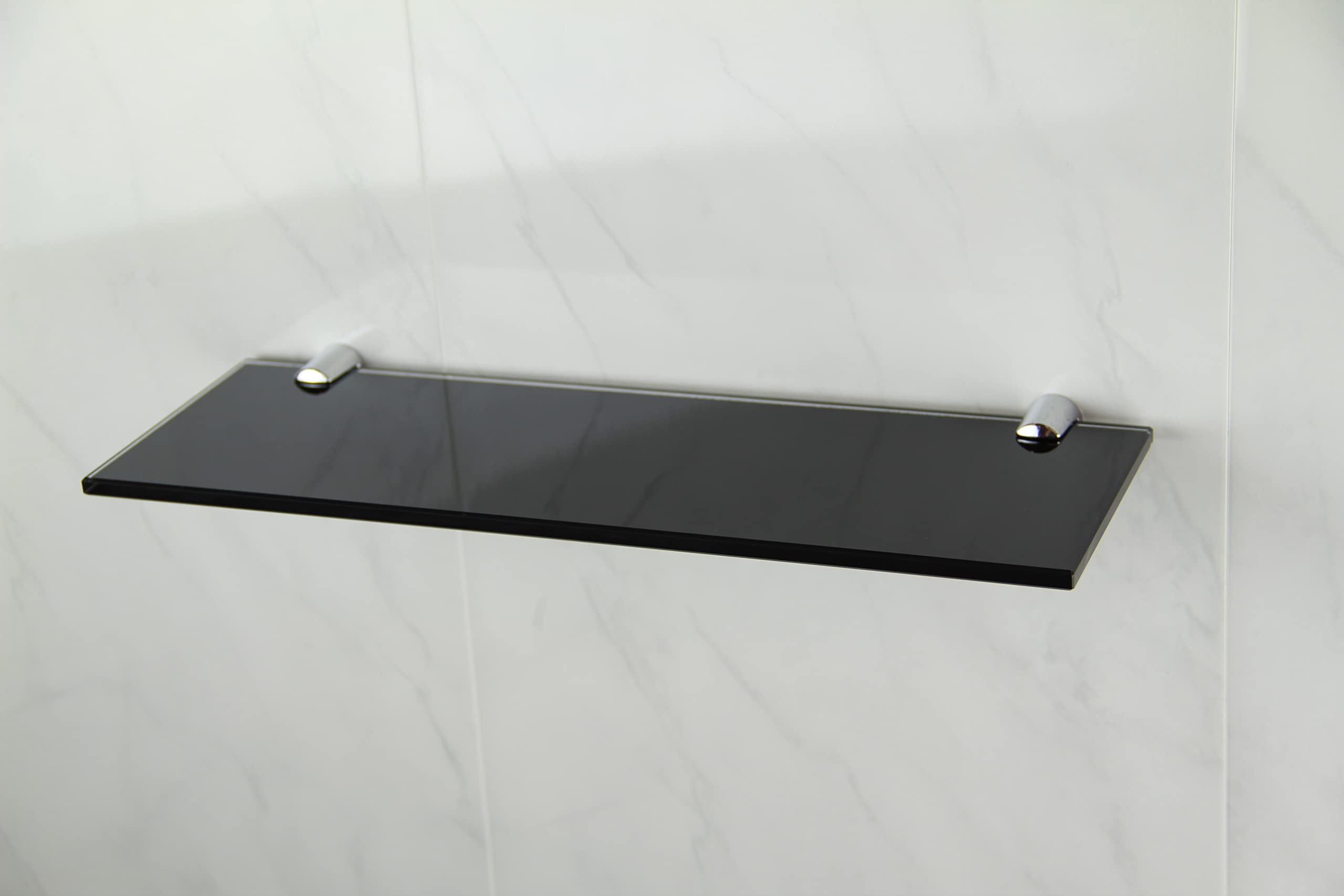 BSM Marketing Gloss Black Glass Shelf With Two Chrome Finish Brackets 300mm x 100mm Toughened Safety