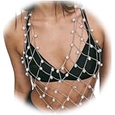 Summer Boho Pearl Bra Body Chain Bikini Beads Lingerie Chain Necklace Crystal Bead Body Chain Jewelry Trend Festival Pearl Waist Jewelry for Women (Silver)